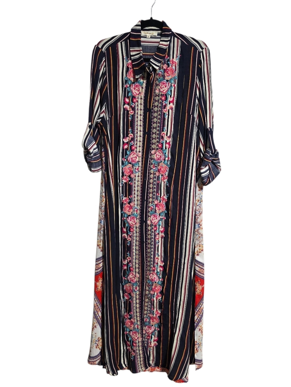 ANDREE BY UNIT STRIPED FLORAL EMBROIDERED MAXI DUSTER DRESS SZ L - Picture 2 of 9